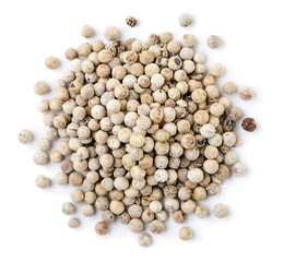 Heap of white peppercorns on a white background. Top view