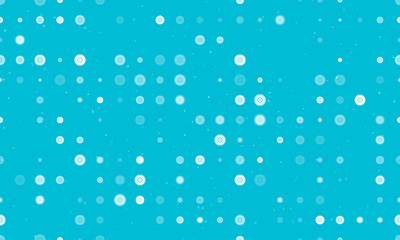 Seamless background pattern of evenly spaced white gramophone record symbols of different sizes and opacity. Vector illustration on cyan background with stars
