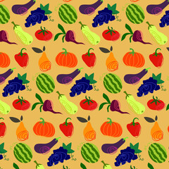Colorful seamless pattern from vegetables and fruits. Vector illustration. Illustration in doodle style. Texture for printing on textiles and printing, for interior decoration.