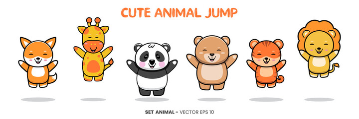 Kids Themed Illustration With Cute Animal Characters - Giraffe, Panda, Bear, Tiger, Lion, and Fox Animal Jumping With a Happy Expression and Smiling.