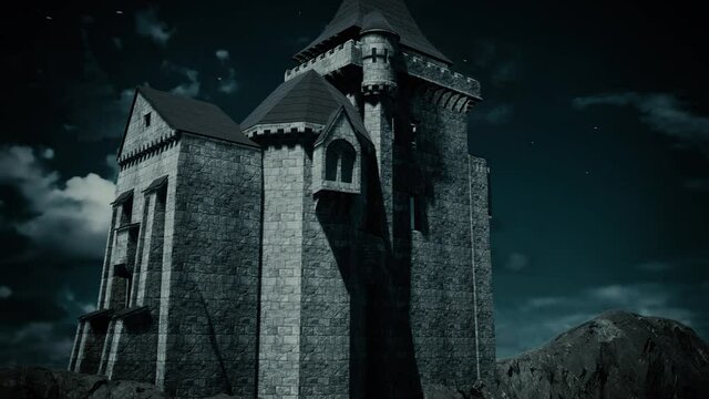 Birds flying over a haunted castle on a mountain top under a bright moonlit night.