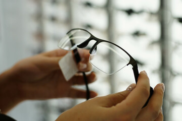 Woman hand choosing the eyeglasses in optics store, close up