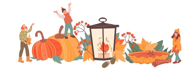 Autumn season background with children playing among pumpkins and yellow leaves, flat vector illustration isolated. Backdrop for kids autumn sales and festive events.