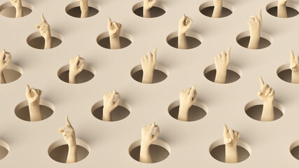 Hands point with finger and pop out from holes. Community concept 3d render illustration
