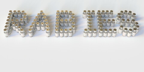 RABIES text made with many medical vials. 3D rendering