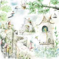 Fototapety  a magical forest with a fairy-tale house and a small path going into the distance