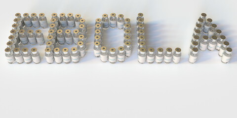 EBOLA text made with many medical vials. 3D rendering