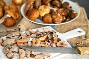 Orange head forest mushroom ( Leccinum) on plate and sliced on kitchen board.