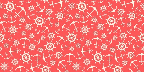 Nautical seamless pattern with ship wheels and anchors