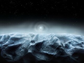 Naklejka na ściany i meble Mountains, canyons and craters on the surface of an alien planet with an atmosphere. View from the surface of an exoplanet. Star rise in the sky 3d illustration.