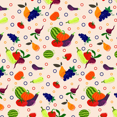 Colorful seamless pattern from vegetables and fruits. Vector illustration. Illustration in doodle style. Texture for printing on textiles and printing, for interior decoration.