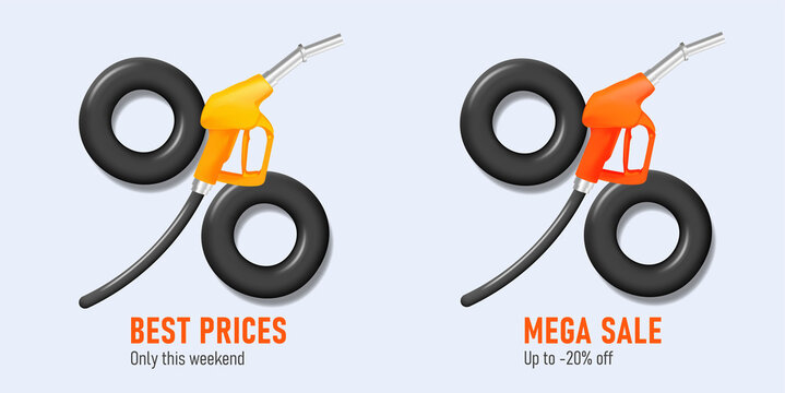 advertising sale banner with gas pipe and wheels forming percent sign, discounts promo, 3d graphic