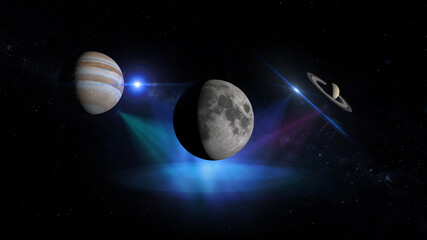 moon mets gas giants jupiter and saturn in the sky 3d illustration  © SN