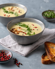 Cauliflower soup on gray tabletop, creamy flower soup with toasted bread, garden cress, red and black peppercorns