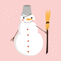 Cute cartoon snowman wipers with a bucket on his head and a broom rejoices in the winter on a pink background. Vector flat illustration.