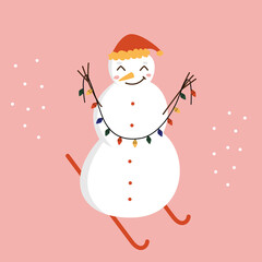 A cute cartoon snowman in a red hat holds a Christmas tree garland with his hands-branches and stands on skis. Vector flat illustration.