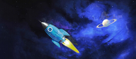 Fototapeta na wymiar Space rocket on the background of space. Artistic work