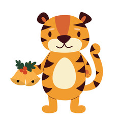 Cute cartoon tiger stands on two legs, holding Christmas bells, isolated on a white background. Year of the Tiger and Happy New Year. Vector flat illustration