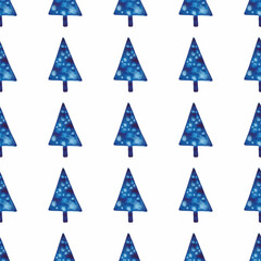 XMAS watercolor Pine Tree Seamless Pattern in Blue Color. Hand Painted fir tree background or wallpaper for Ornament, Wrapping or Christmas Gift
