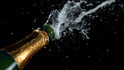 Freeze motion of Champagne explosion with flying cork closure, opening champagne bottle closeup isolated on black background.