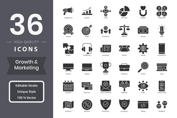 Growth And Marketing icon pack for your website design, logo, app, UI. Growth And Marketing icon glyph design. Vector graphics illustration and editable stroke.