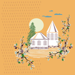 Landscape with two houses, spruce and tree branches on a beige background. Vector illustration for cover design, wallpaper, wall decor