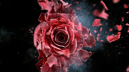 Freeze motion of red rose frozen and exploding, close-up.