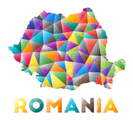 Romania - colorful low poly country shape. Multicolor geometric triangles. Modern trendy design. Vector illustration.