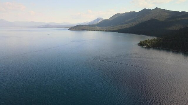 Drone flying over Rubicon Bay flying in the direction of South Lake Tahoe.