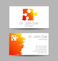 Vector Business Visit Card Puzzle Modern logo Brine in Creative style. Design concept. Brand company. Orange color isolated on gray background Symbol for web, print, Autism
