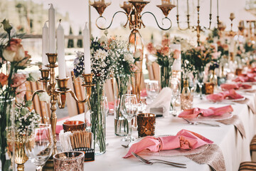 Wedding table set up and decoration. Table setting for an event party or wedding reception