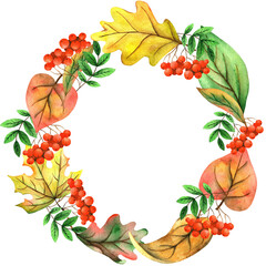 Round frame with watercolor autumn leaves