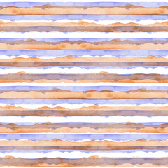 Abstract Blue Orange Stripes Watercolor Background. Seamless Pattern for Fabric Textile and Paper. Simple Hand Painted Stripe