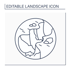 Gorge line icon. Narrow valleys between hills or mountains. Steep rocky walls with stream.Landscape concept.Isolated vector illustration. Editable stroke