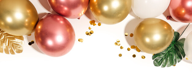 Happy birthday or party background. Flat Lay wtih birthday balloons. Top View. Copy space.