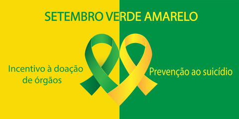 Green Yellow September organ donation and suicide prevention month in Portuguese language. Setembro verde amarelo vector. Yellow awareness ribbon. - obrazy, fototapety, plakaty