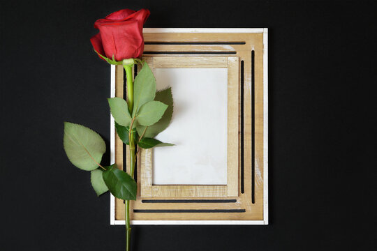 Condolence card with mock-up frame and red rose on black background