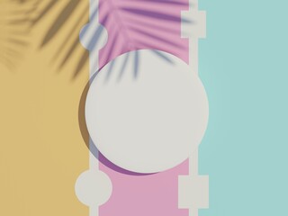 3d render top view of white blank cylinder frame for mock up and display products with shadows of palm leaves and earth tone background.