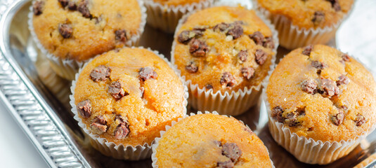 Delicious vanilla muffin cupcakes with chocolate chip, freshly baked mini pastries