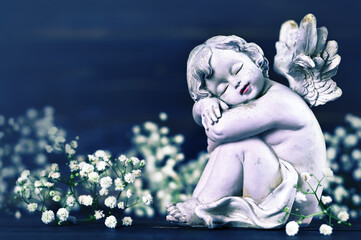 Sympathy card with sleeping angel and white flowers