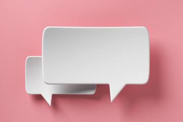 Empty white volumetric speech bubbles with shadows on pink background. 3D rendering