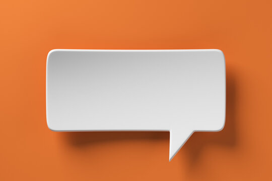 Social media notification icon, white bubble speech on orange background. 3D rendering