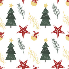 Vector christmas seamless pattern with christmas tree, toy, balls and stars in Scandinavian style for fabrics, paper, textile, gift wrap isolated on white background. New Year background