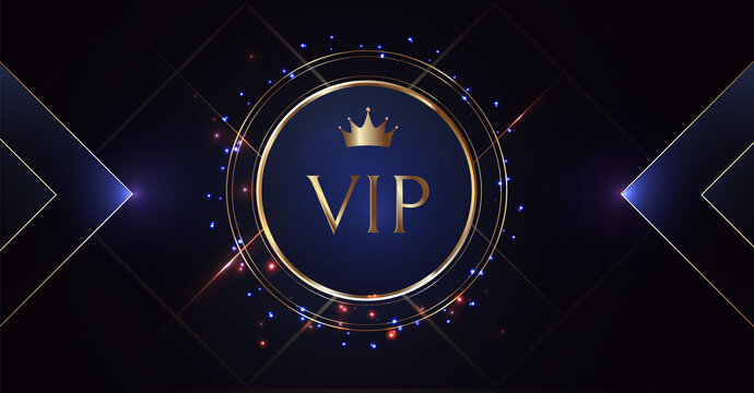 VIP Party Invitation with Gold Crown and Sequins. Radiance and light on a dark background. Premium invitation card. Grand opening banner. Gold luxury elegant vip. Vector