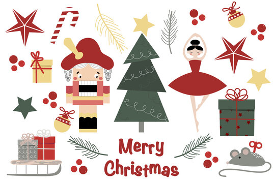 Vector set of cute christmas elements with Nutcracker and ballerina, gifts, christmas tree, balls and candy for fabrics, paper, textile, gift wrap isolated on white background