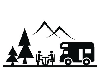 Camping, rest area, people at the table and caravan in nature, vector icon