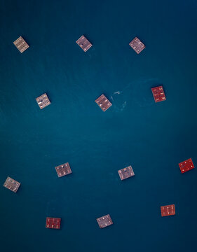 Fishing farm drone above top view on the atlantic ocean in Galicia, Sp