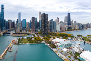Aerial view of Chicago Illinois skyline over Navy Pier