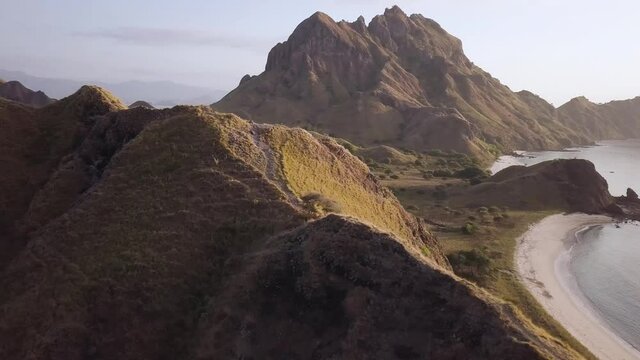 Aerial view of Amazing Padar Island landscape. Beautiful nature and travel destination in Indonesia. 4K drone footage of high quality. Tropical paradise Komodo