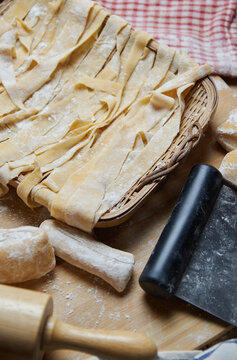 The homemade pasta in the bamboo basket